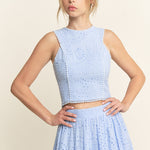 Lace High Neck Tank and High Waisted Maxi Skirt Set - light blue, women's matching set collection