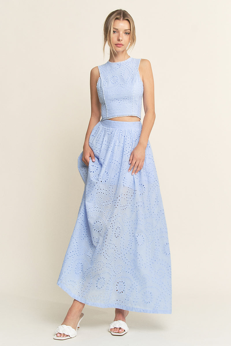 Lace High Neck Tank and High Waisted Maxi Skirt Set - light blue, women's matching set collection