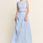 Lace High Neck Tank and High Waisted Maxi Skirt Set - light blue, women's matching set collection