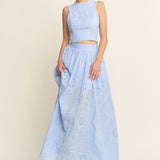 Lace High Neck Tank and High Waisted Maxi Skirt Set - light blue, women's matching set collection