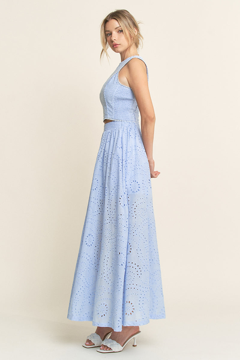 Lace High Neck Tank and High Waisted Maxi Skirt Set - light blue, women's matching set collection