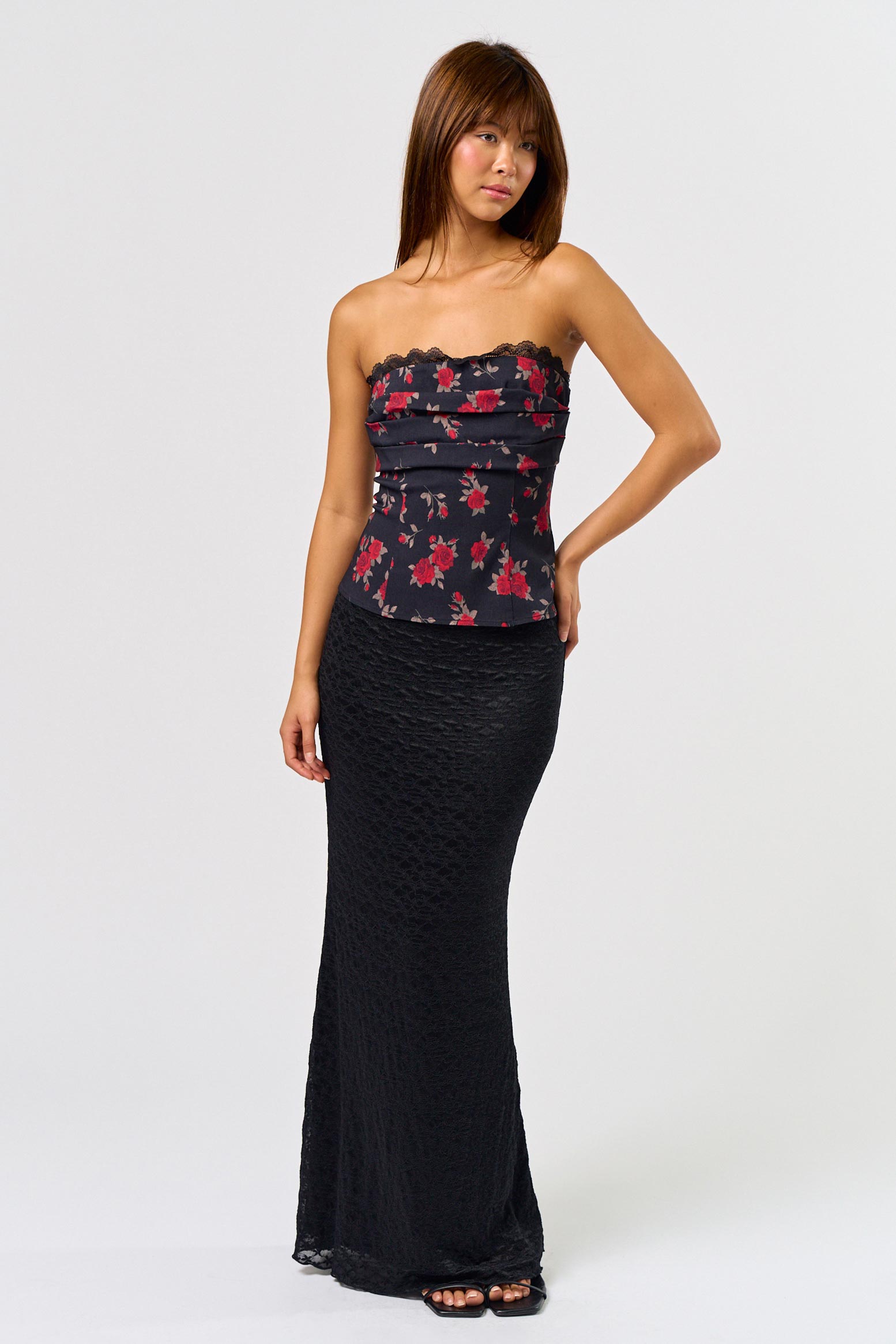 Rose Tube With Lace Trim - black, womes top collection