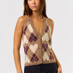 Button Down Halter Sweater Top - mocha plaid hearts, womens top collection 