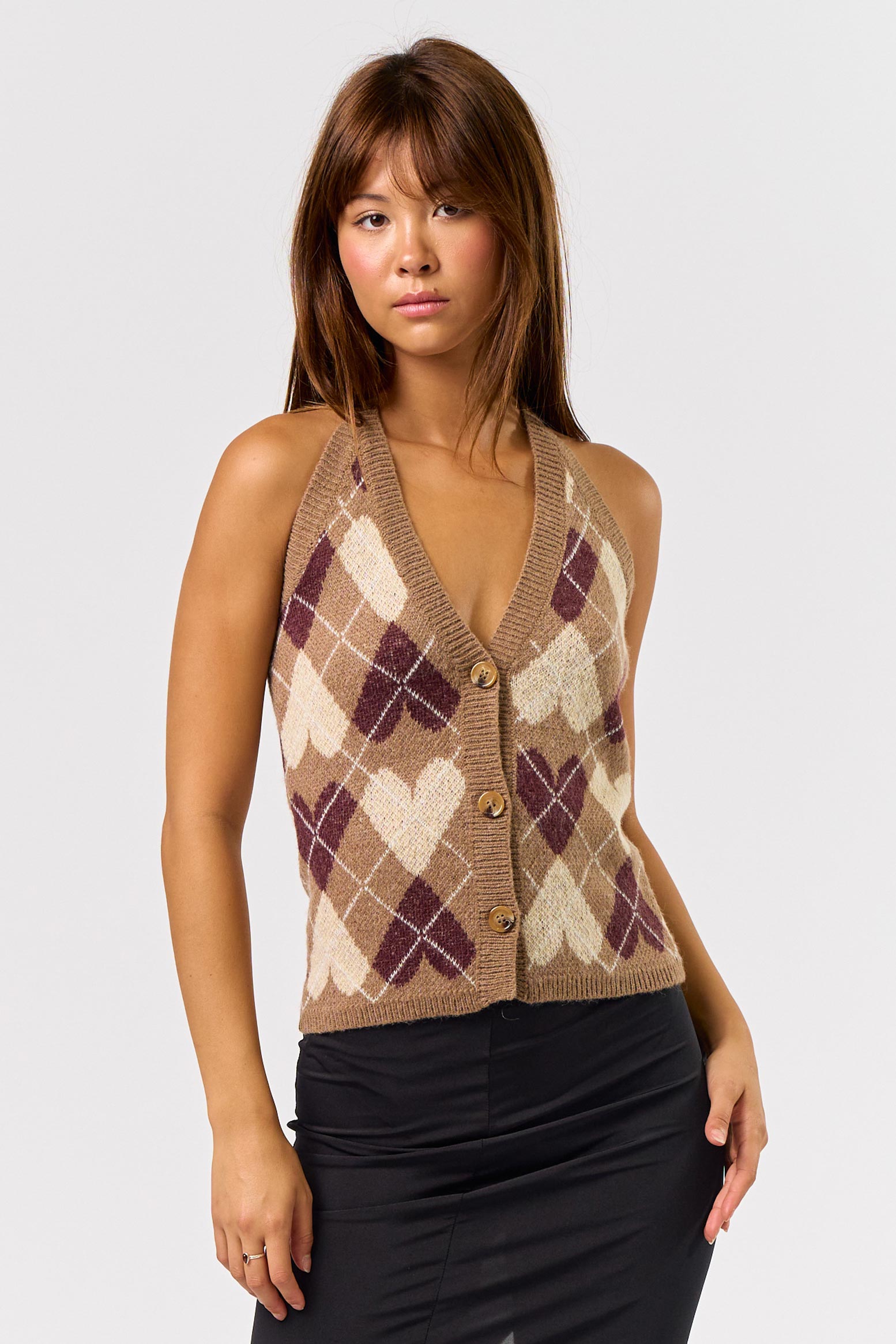 Button Down Halter Sweater Top - mocha plaid hearts, womens top collection 