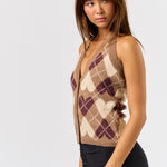 Button Down Halter Sweater Top - mocha plaid hearts, womens top collection 