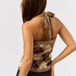 Button Down Halter Sweater Top - mocha plaid hearts, womens top collection 