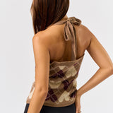 Button Down Halter Sweater Top - mocha plaid hearts, womens top collection 