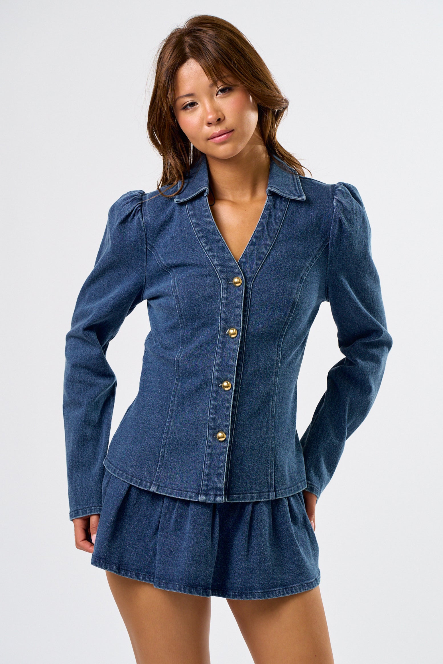 Denim Top With Gold Buttons - Denim, Women's Tops Collection