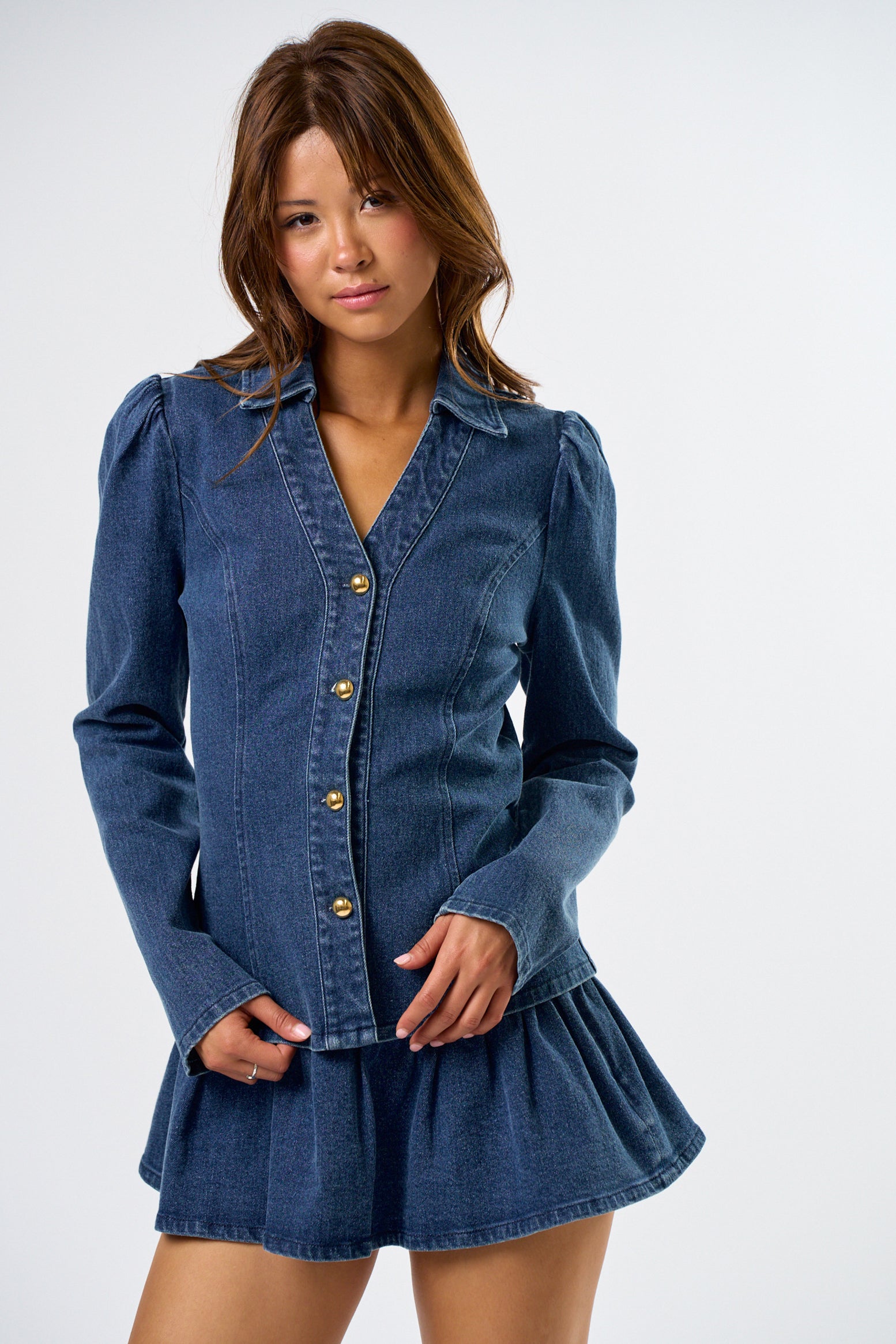 Denim Top With Gold Buttons - Denim, Women's Tops Collection