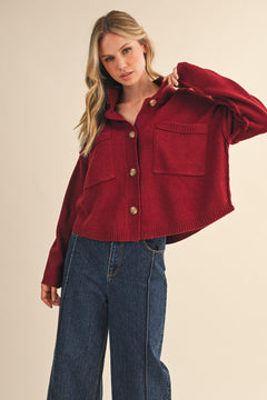 High Neck Sweater Cardigan - Burgundy, womens sweater collection