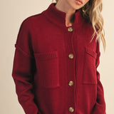 High Neck Sweater Cardigan - Burgundy, womens sweater collection