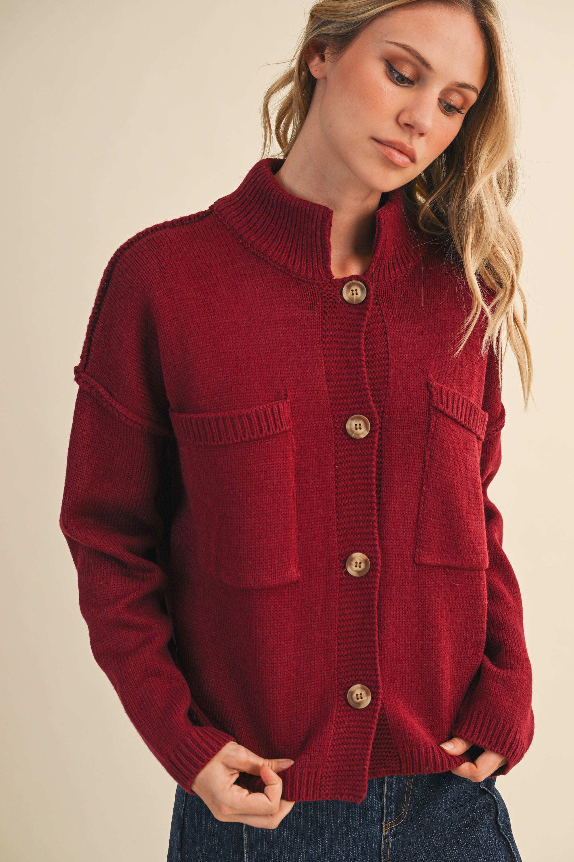 High Neck Sweater Cardigan - Burgundy, womens sweater collection