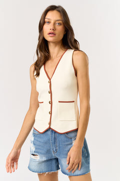 Button Down Vest With Piping Detail