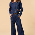 Denim Button Down Jacket - dark denim with brown color and brown pocket lining, womens jacket collection