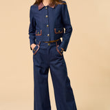 Denim Button Down Jacket - dark denim with brown color and brown pocket lining, womens jacket collection