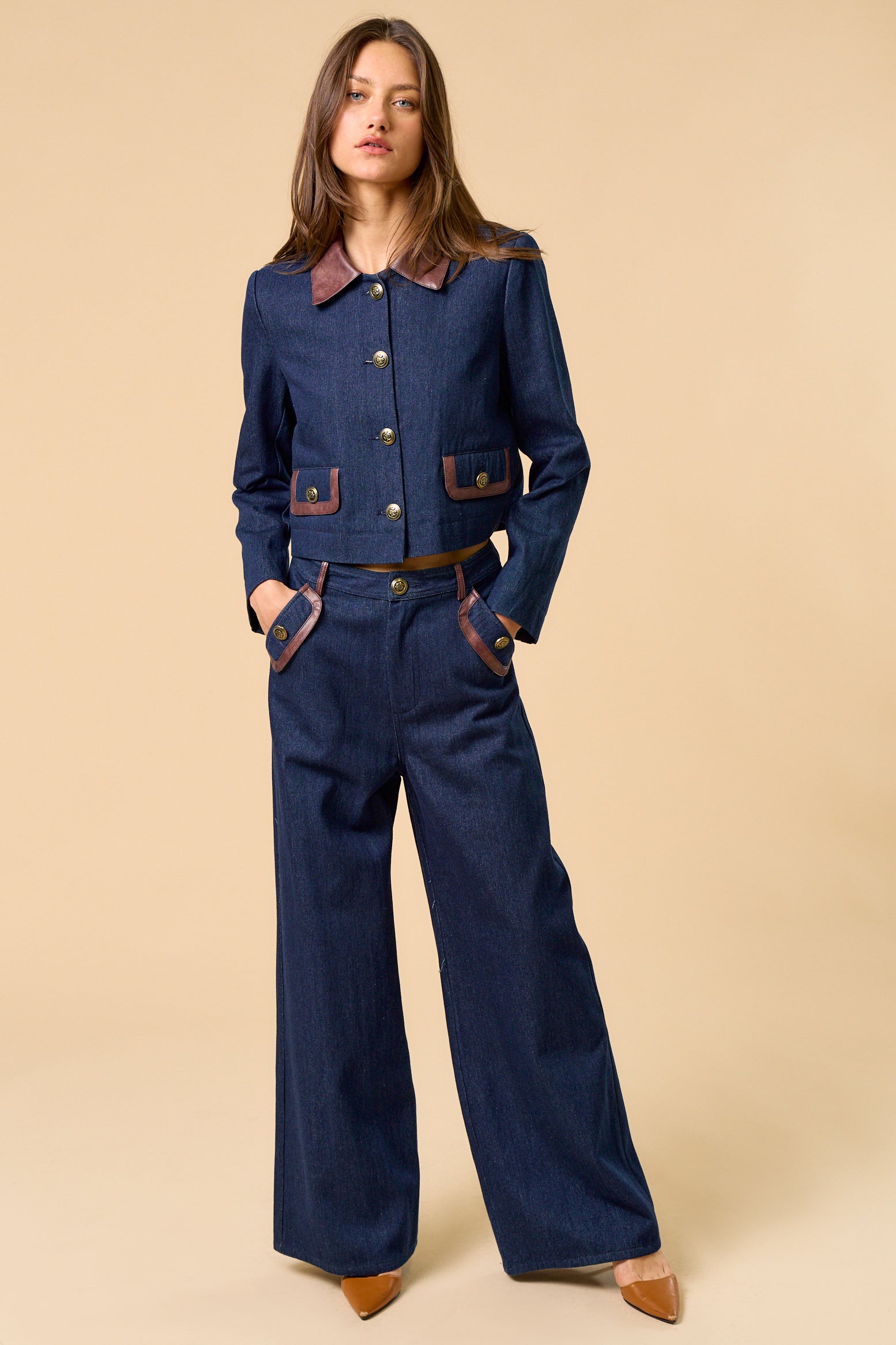 Denim Button Down Jacket - dark denim with brown color and brown pocket lining, womens jacket collection