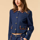 Denim Button Down Jacket - dark denim with brown color and brown pocket lining, womens jacket collection