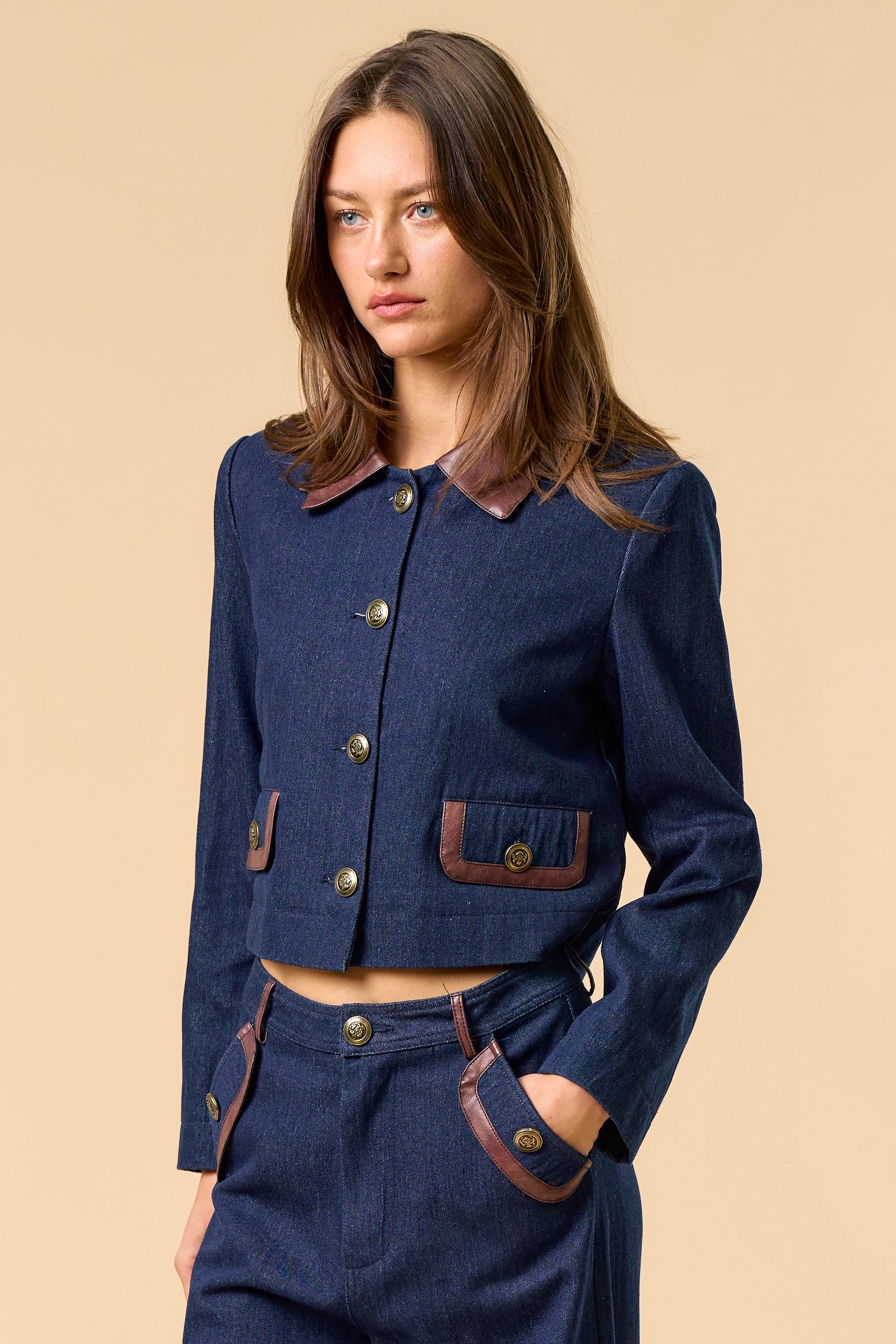 Denim Button Down Jacket - dark denim with brown color and brown pocket lining, womens jacket collection