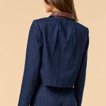 Denim Button Down Jacket - dark denim with brown color and brown pocket lining, womens jacket collection