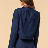 Denim Button Down Jacket - dark denim with brown color and brown pocket lining, womens jacket collection