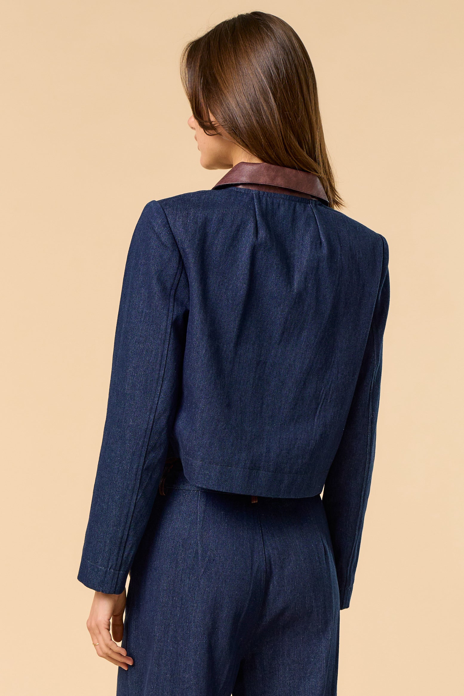 Denim Button Down Jacket - dark denim with brown color and brown pocket lining, womens jacket collection