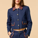 Denim Button Down Jacket - dark denim with brown color and brown pocket lining, womens jacket collection