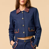 Denim Button Down Jacket - dark denim with brown color and brown pocket lining, womens jacket collection