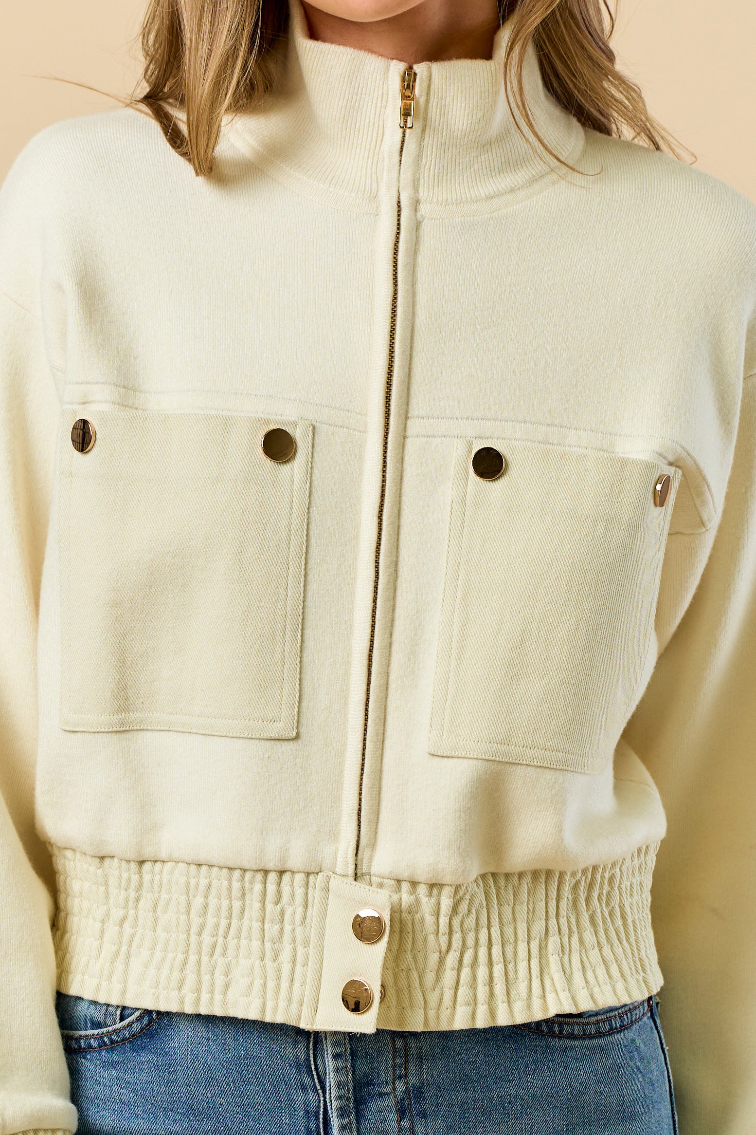 Mock Neck Zip Up Jacket - Ivory, Women's Tops Collection