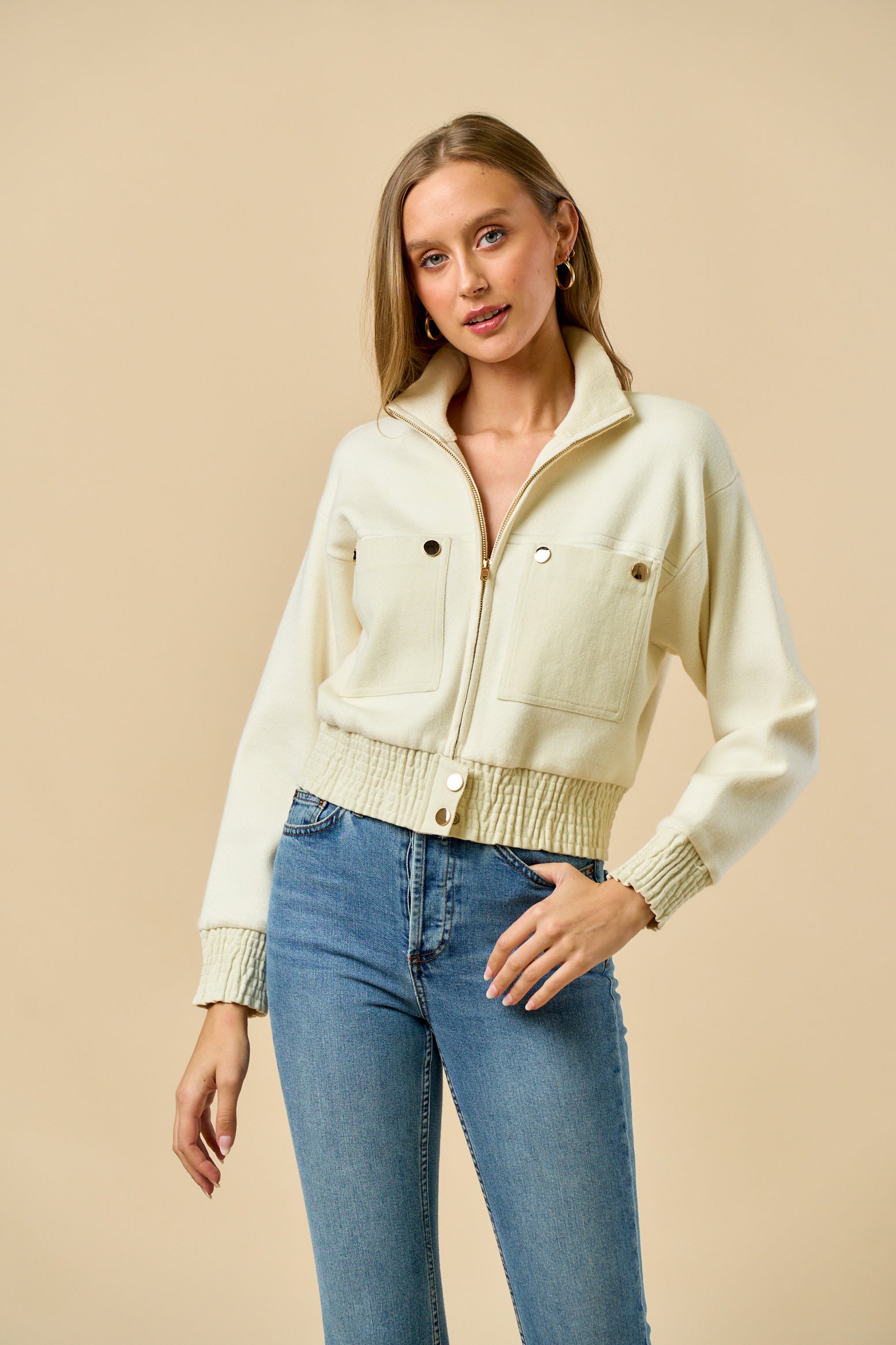 Mock Neck Zip Up Jacket - Ivory, Women's Tops Collection