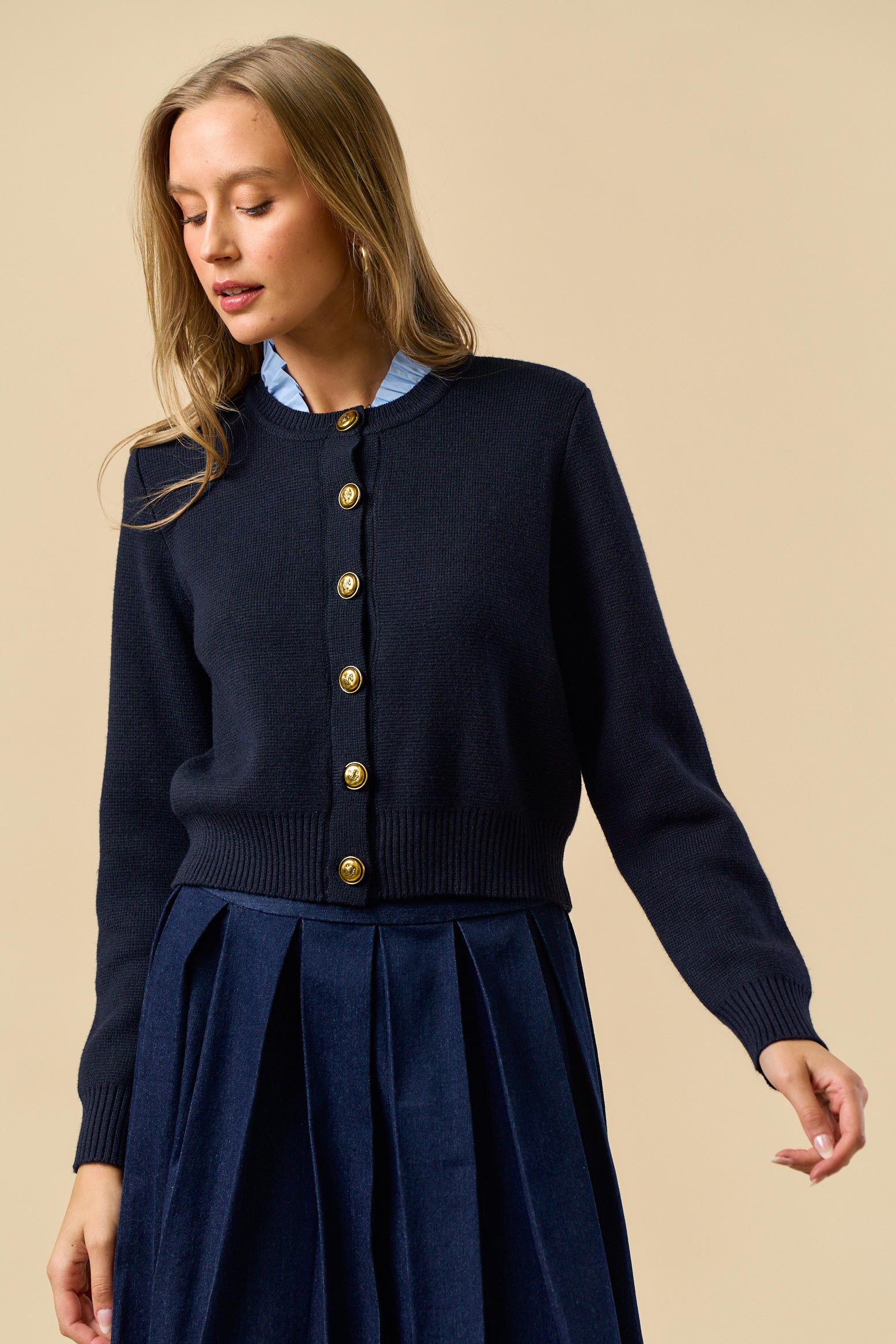 Button Down Cardigan with Gold Buttons - blue, womens cardigan collection
