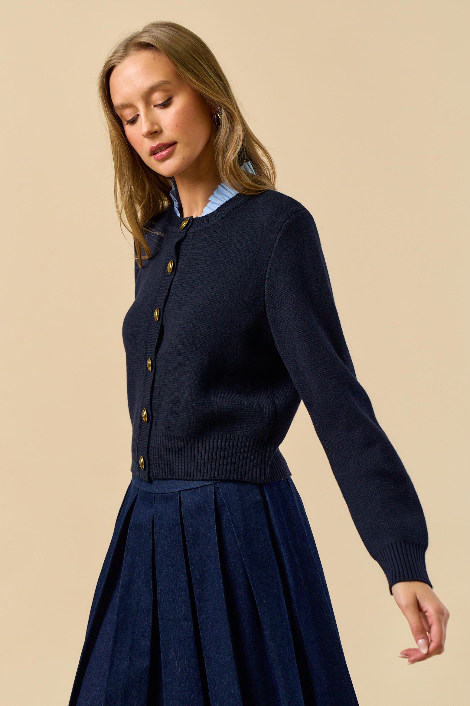 Button Down Cardigan with Gold Buttons - blue, womens cardigan collection