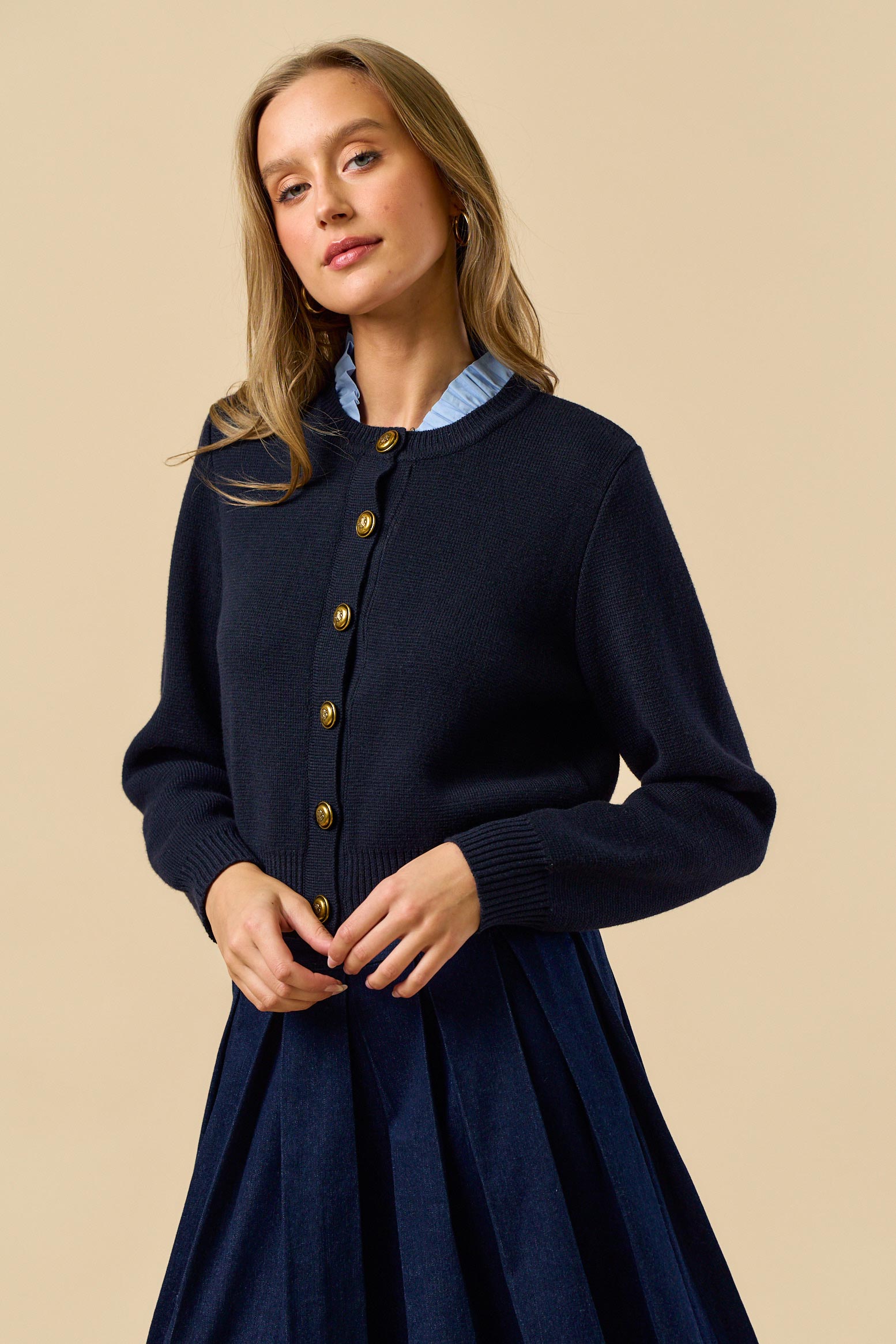 Button Down Cardigan with Gold Buttons - blue, womens cardigan collection