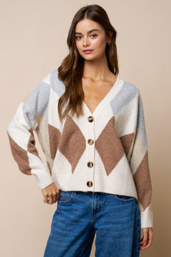 Argyle V Neck Sweater Cardigan