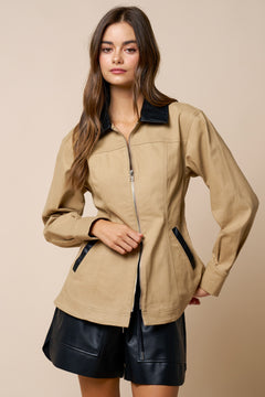 Zip-Up Jacket With Leather Contrast