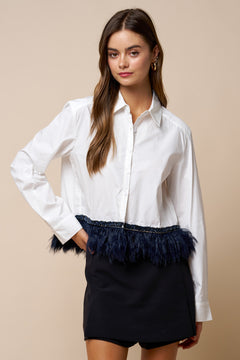 Long Sleeve With Feather & Beaded Trim
