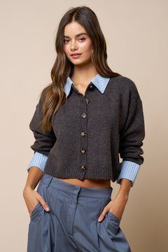 Button Down Cardigan With Stripe Detail