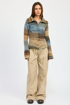 Knit Turtle Neck Zip Up - brown multi, womens sweater collection