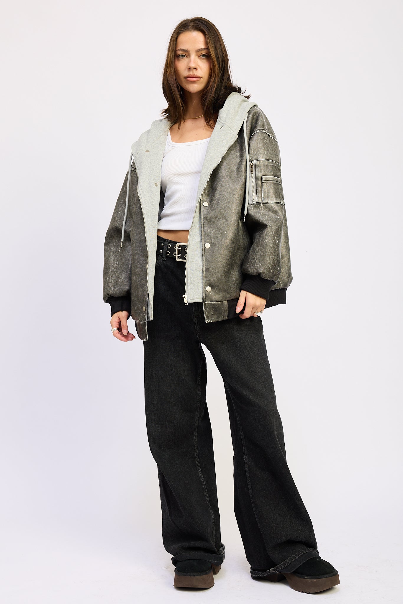 Leather Mix Media Bomber Jacket - washed black, womens jacket collection