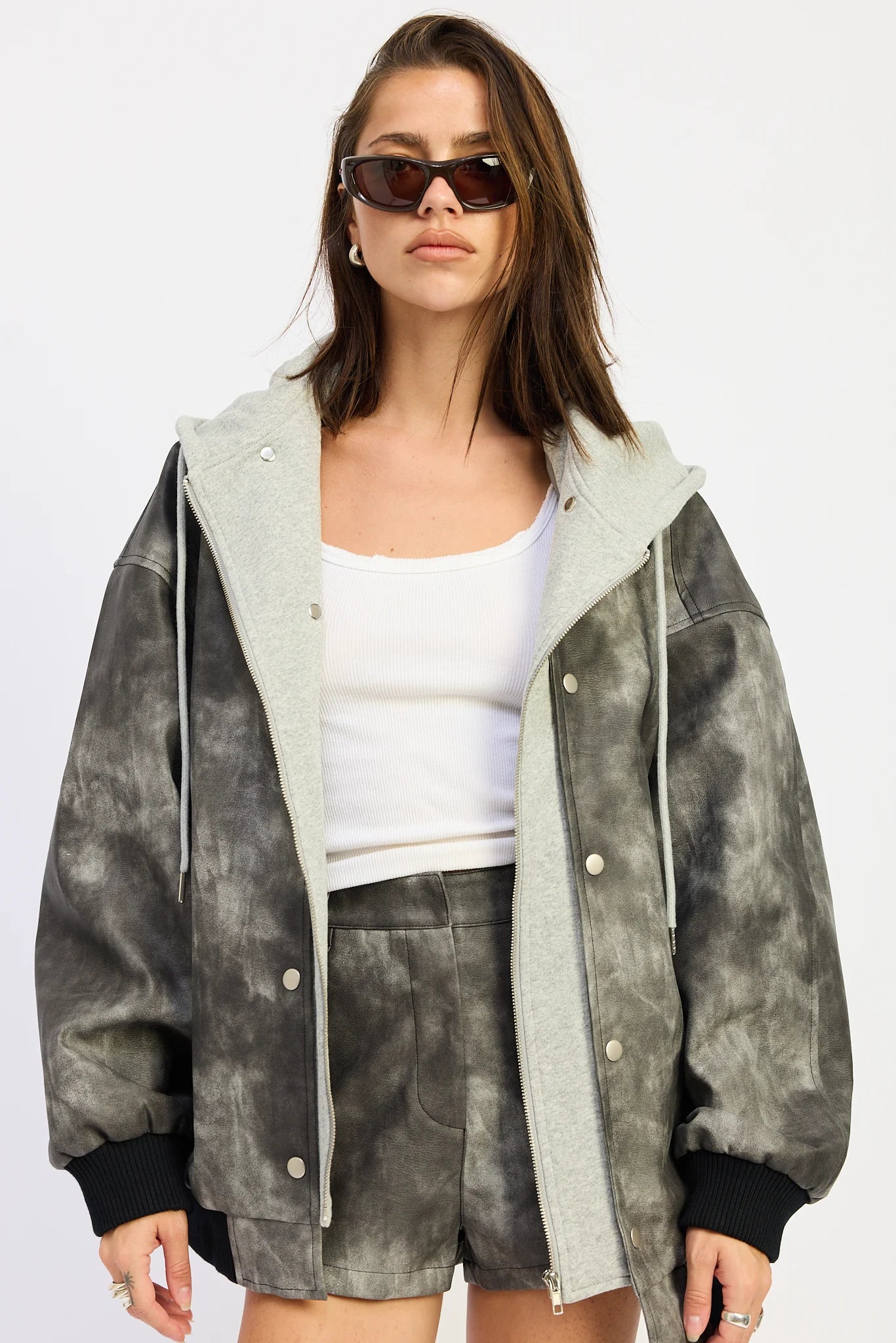 Leather Mix Media Bomber Jacket - washed black, womens jacket collection