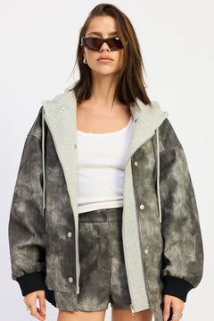 Leather Mix Media Bomber Jacket - washed black, womens jacket collection