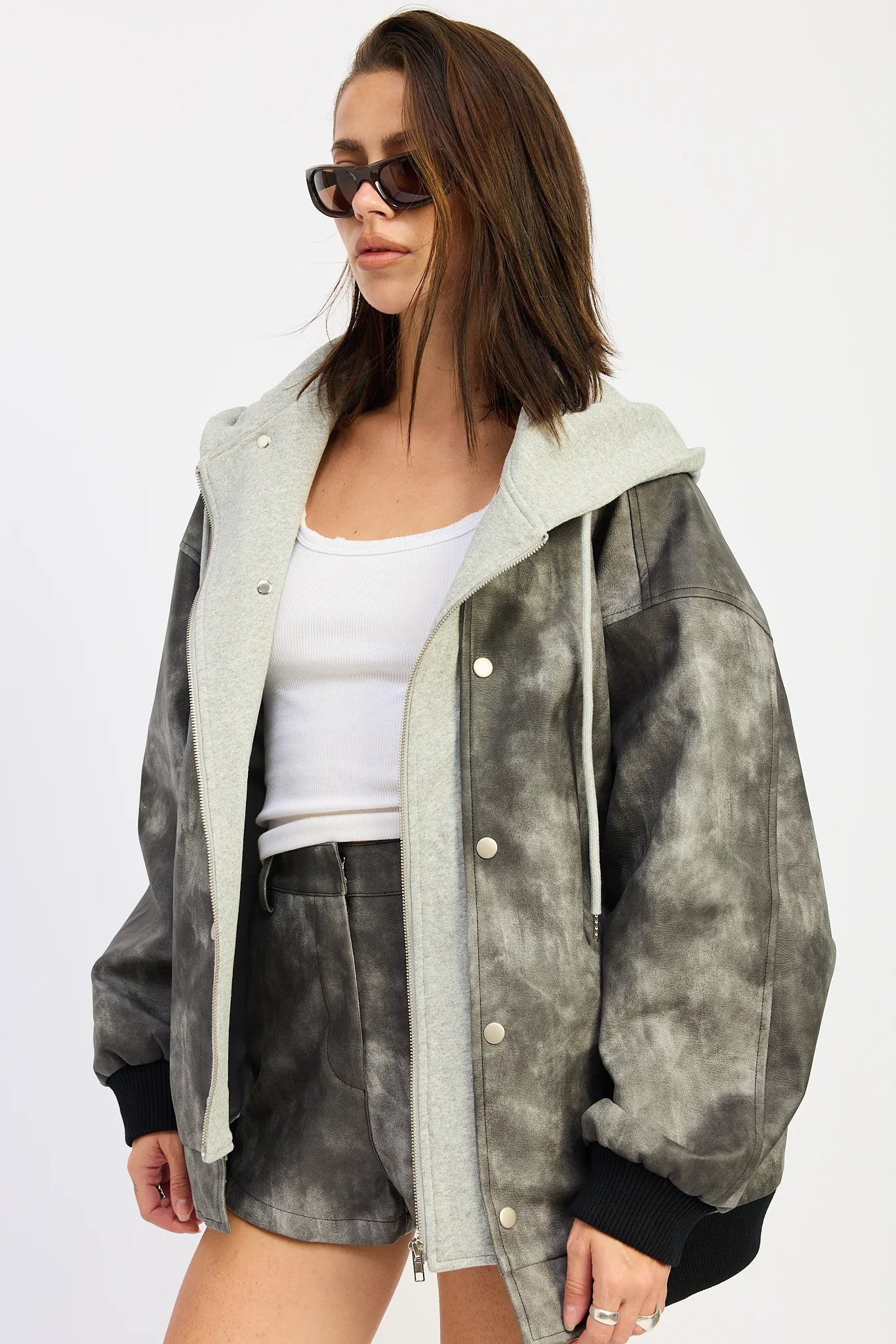 Leather Mix Media Bomber Jacket - washed black, womens jacket collection