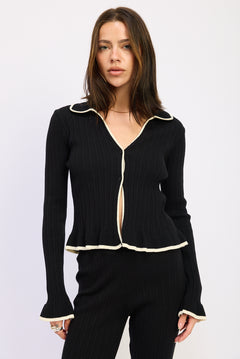 Collar Knit Cardigan - black with white lining, womens cardigan collection