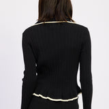 Collar Knit Cardigan - black with white lining, womens cardigan collection