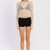 Long Sleeve Net Top With Stones