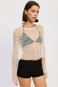Long Sleeve Net Top With Stones