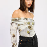 Mesh Cutout Off Shoulder Bodysuit - olive, womens bodysuit collection