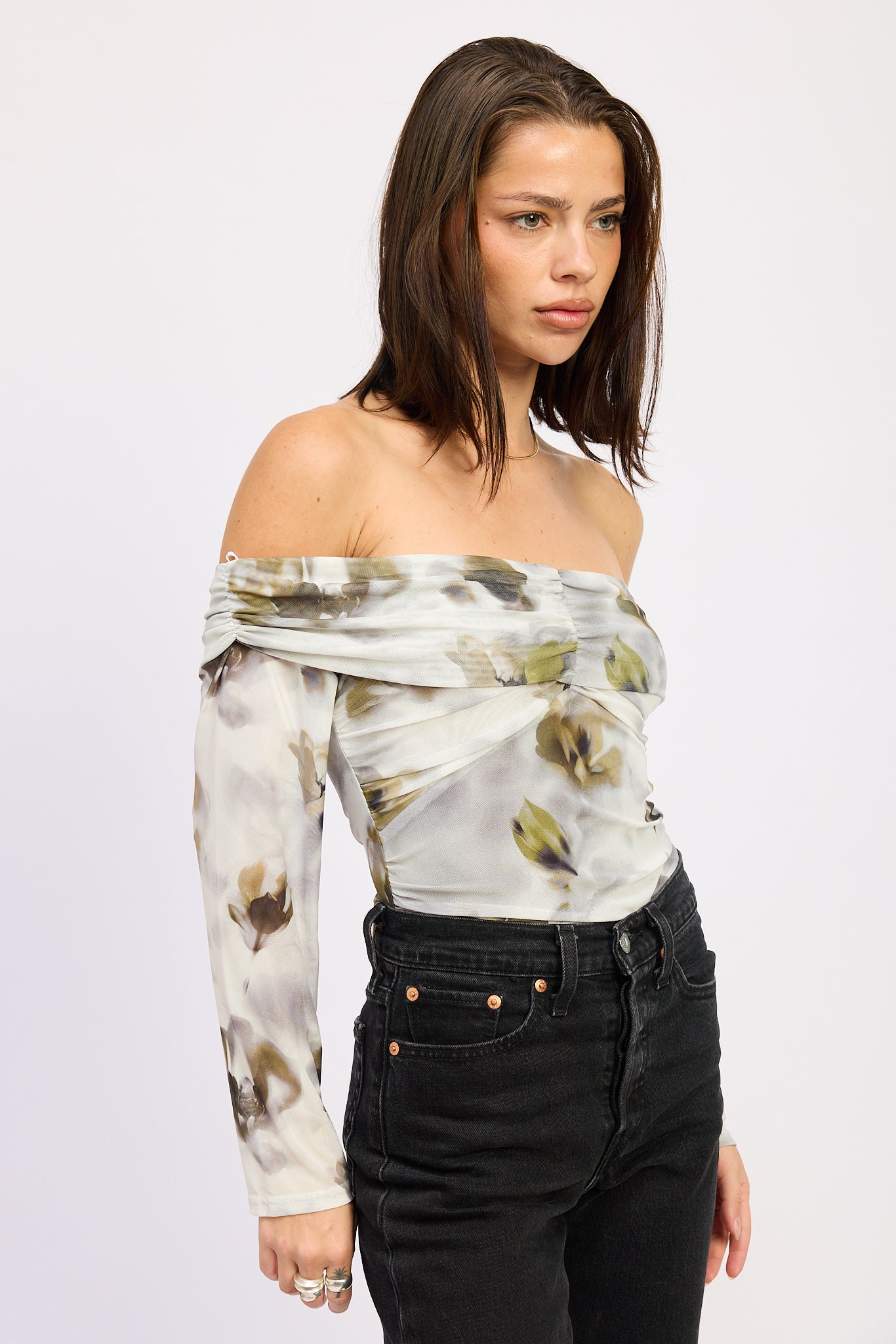 Mesh Cutout Off Shoulder Bodysuit - olive, womens bodysuit collection