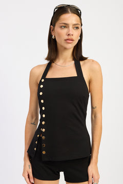 Sweetheart Halter Snap Button Top - black, womens top collection