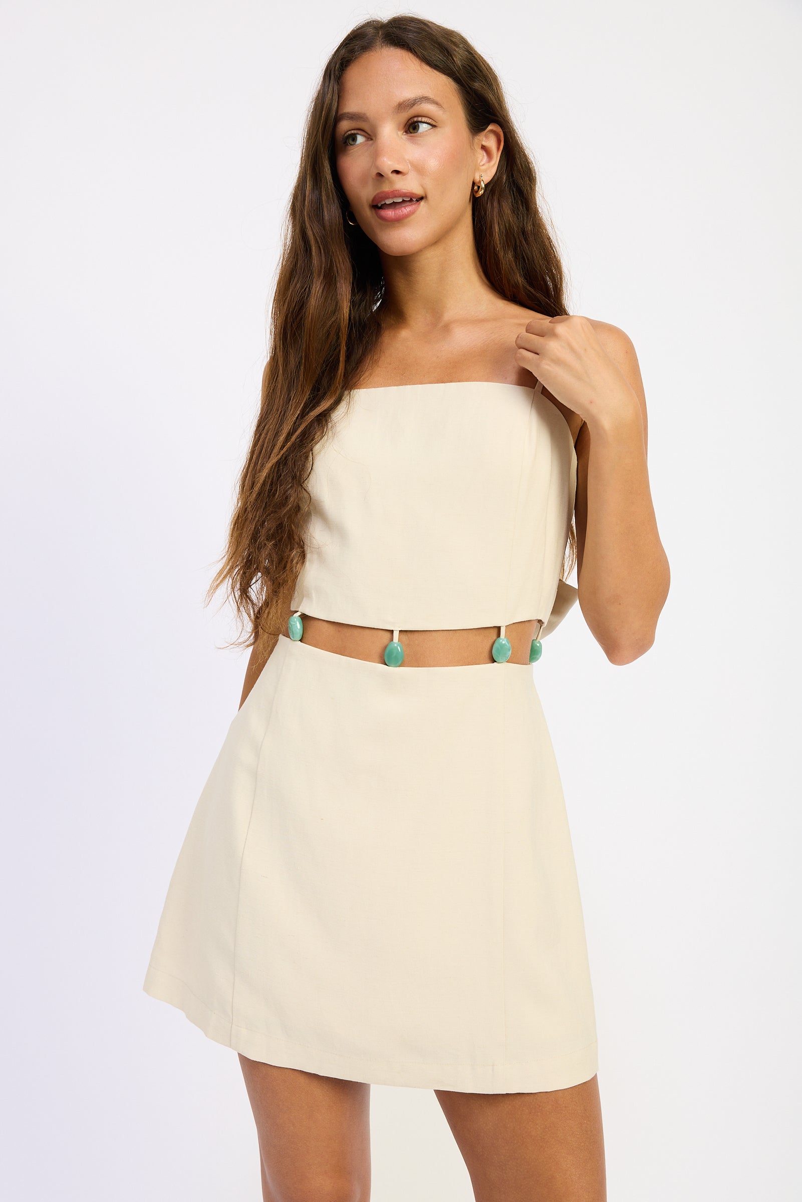 cut out linen mini dress Beige Folhar Cut-Out Linen Mini Dress