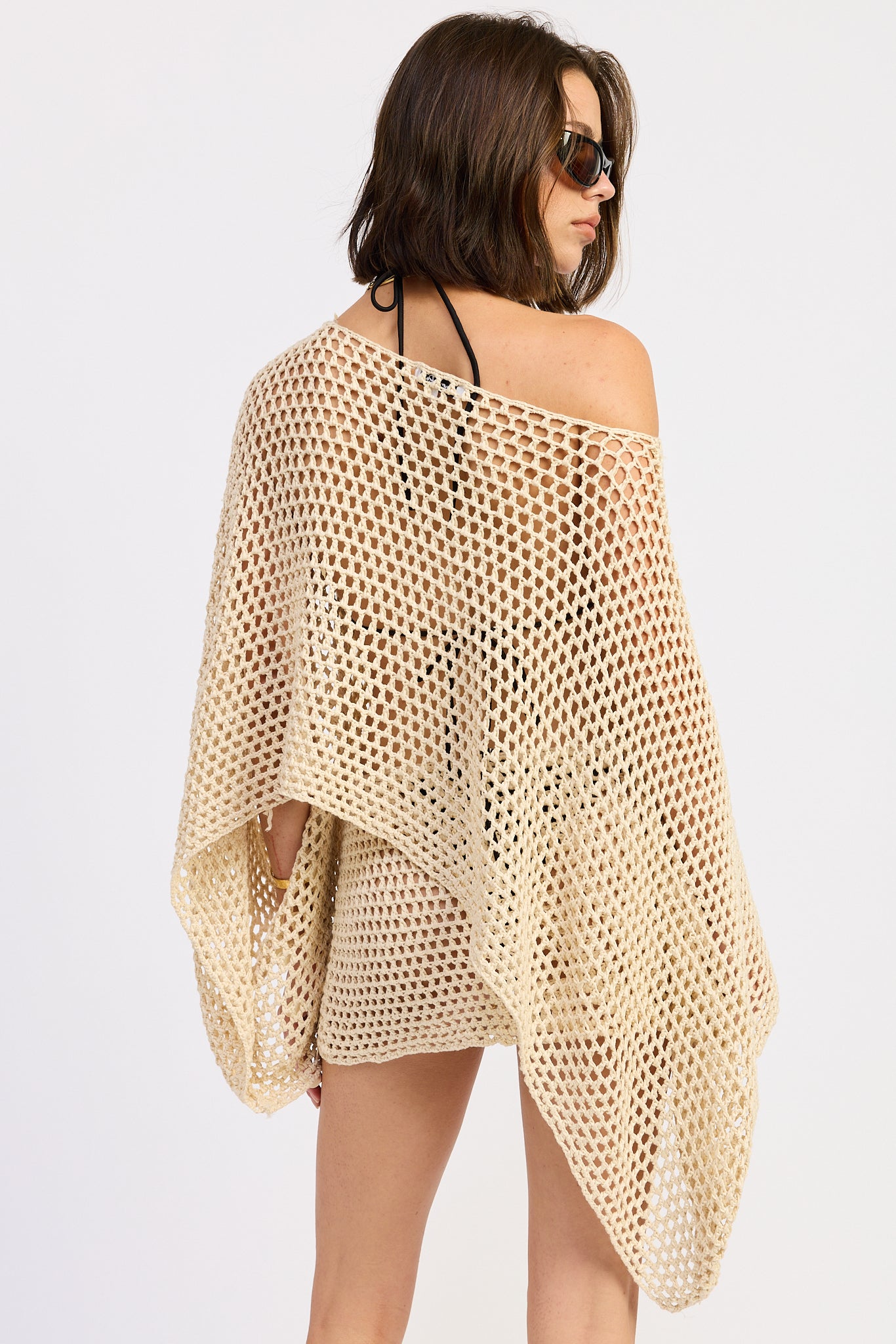 Shell Trim Crochet Poncho - cream, womens top/matching set collection